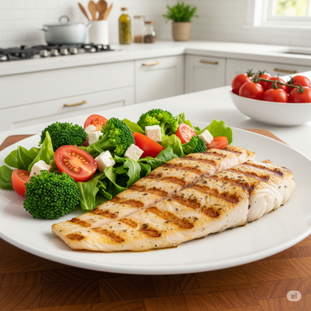 Filé de Peixe Branco Grelhado com Salada Mediterrânea de Brócolis e Feta?