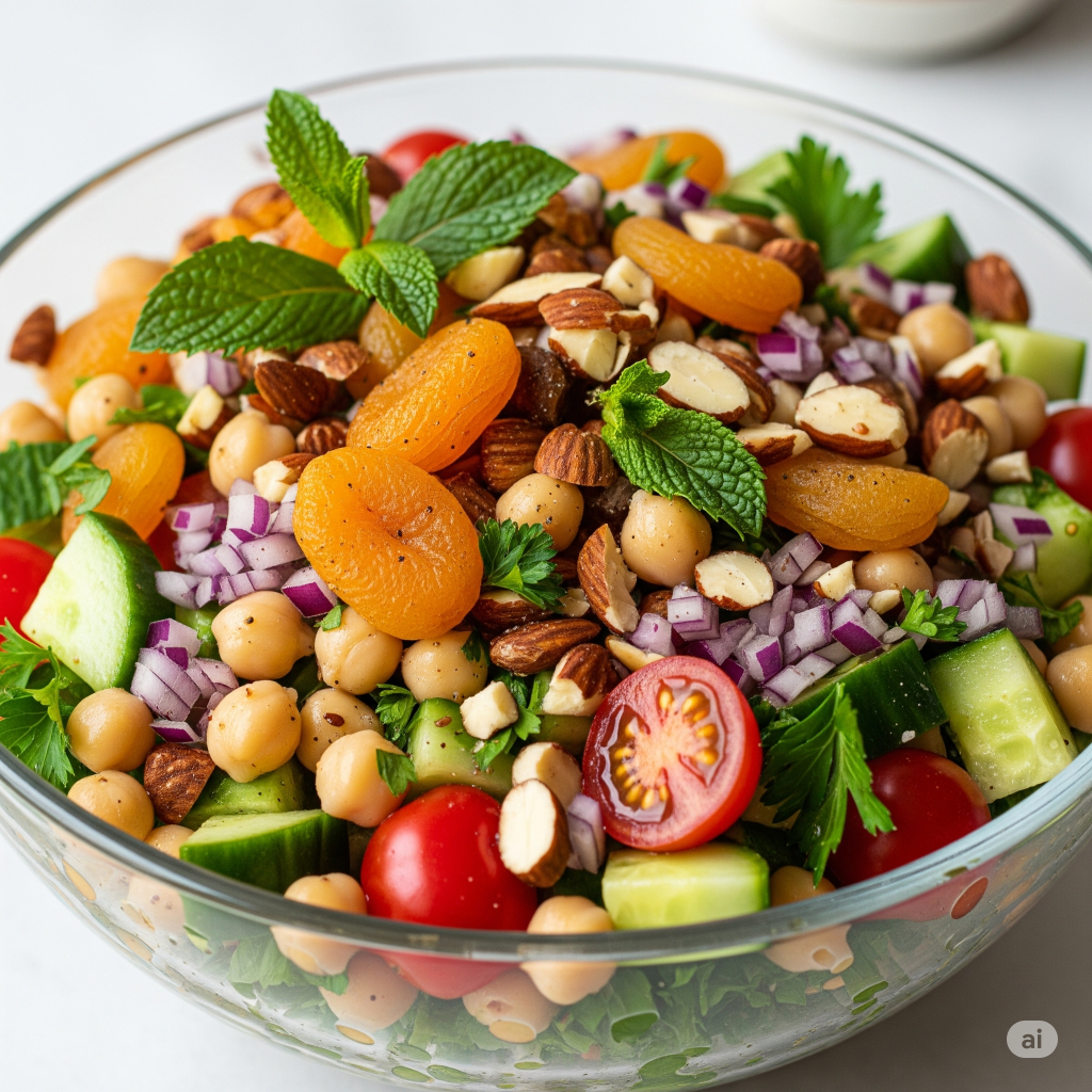 Salada Marroquina de Grão de Bico com Damasco e Amêndoas