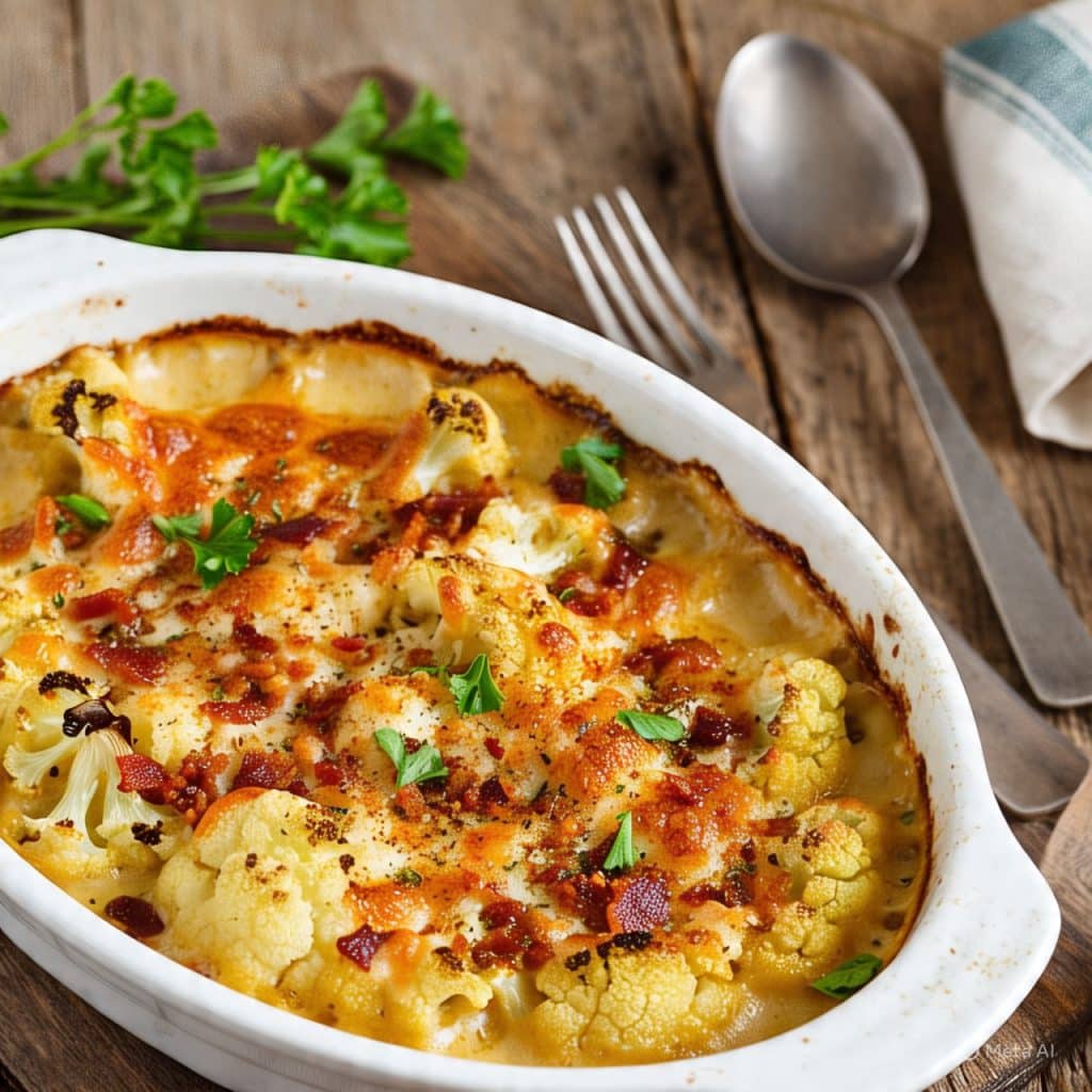 imagem apetitosa desta Couve-flor Gratinada com Bacon e Queijo