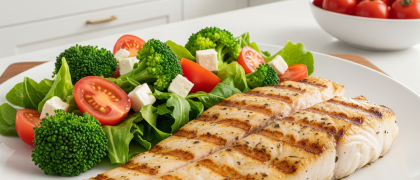 Filé de Peixe Branco Grelhado com Salada Mediterrânea de Brócolis e Feta?