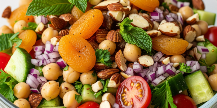 Salada Marroquina de Grão de Bico com Damasco e Amêndoas