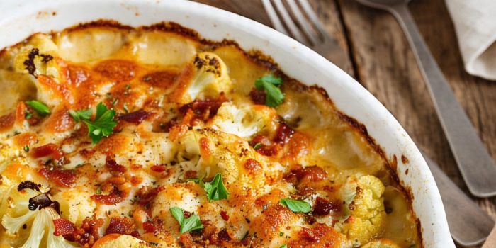 imagem apetitosa desta Couve-flor Gratinada com Bacon e Queijo